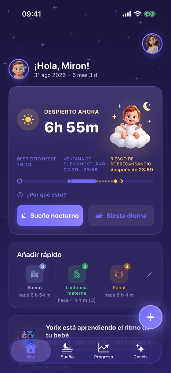 Pantalla «Hoy» de Yorix con la ventana de sueño nocturno