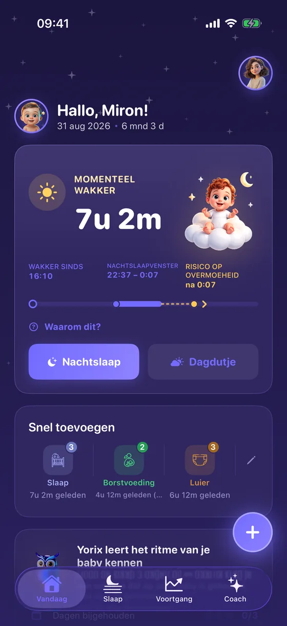 Het scherm Vandaag in Yorix met het nachtslaapvenster