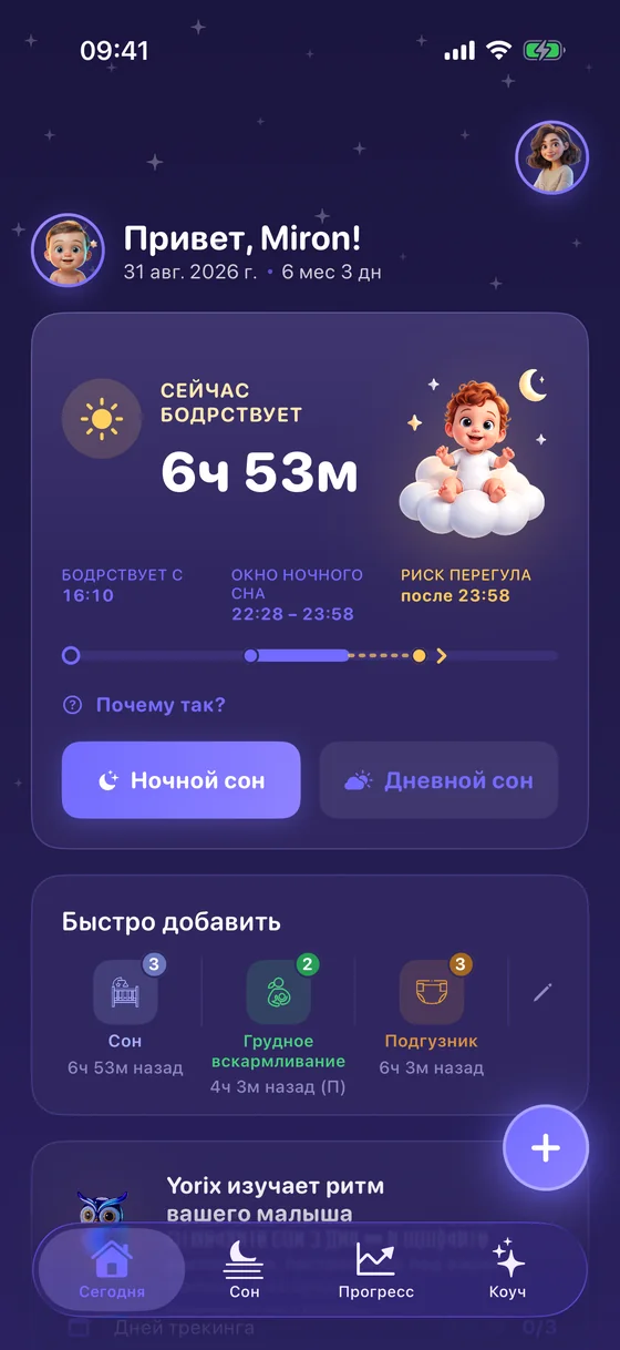 Экран «Сегодня» в Yorix: окно ночного сна