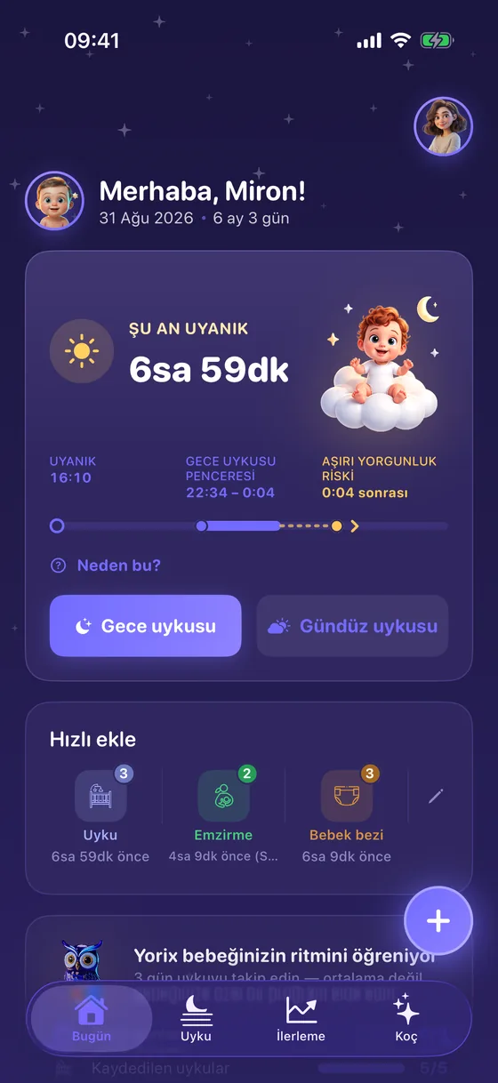 Gece uykusu penceresini gösteren Yorix Bugün ekranı